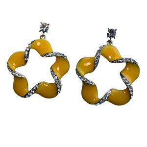 Yellow Enamel and Rhinestone Abstract Floral Stud Retro Dangle Pierced Earrings